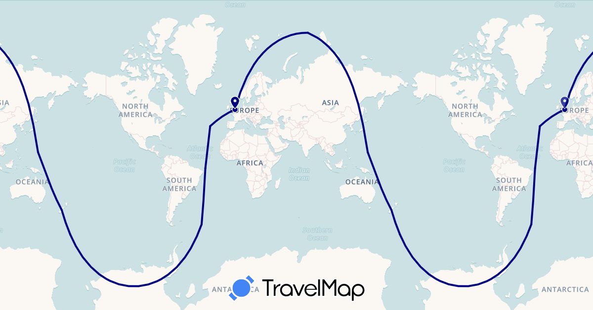 TravelMap itinerary: driving in Brazil, United Kingdom, South Georgia and the South Sandwich Islands, New Zealand, Portugal, Russia, United States (Antarctica, Europe, North America, Oceania, South America)
